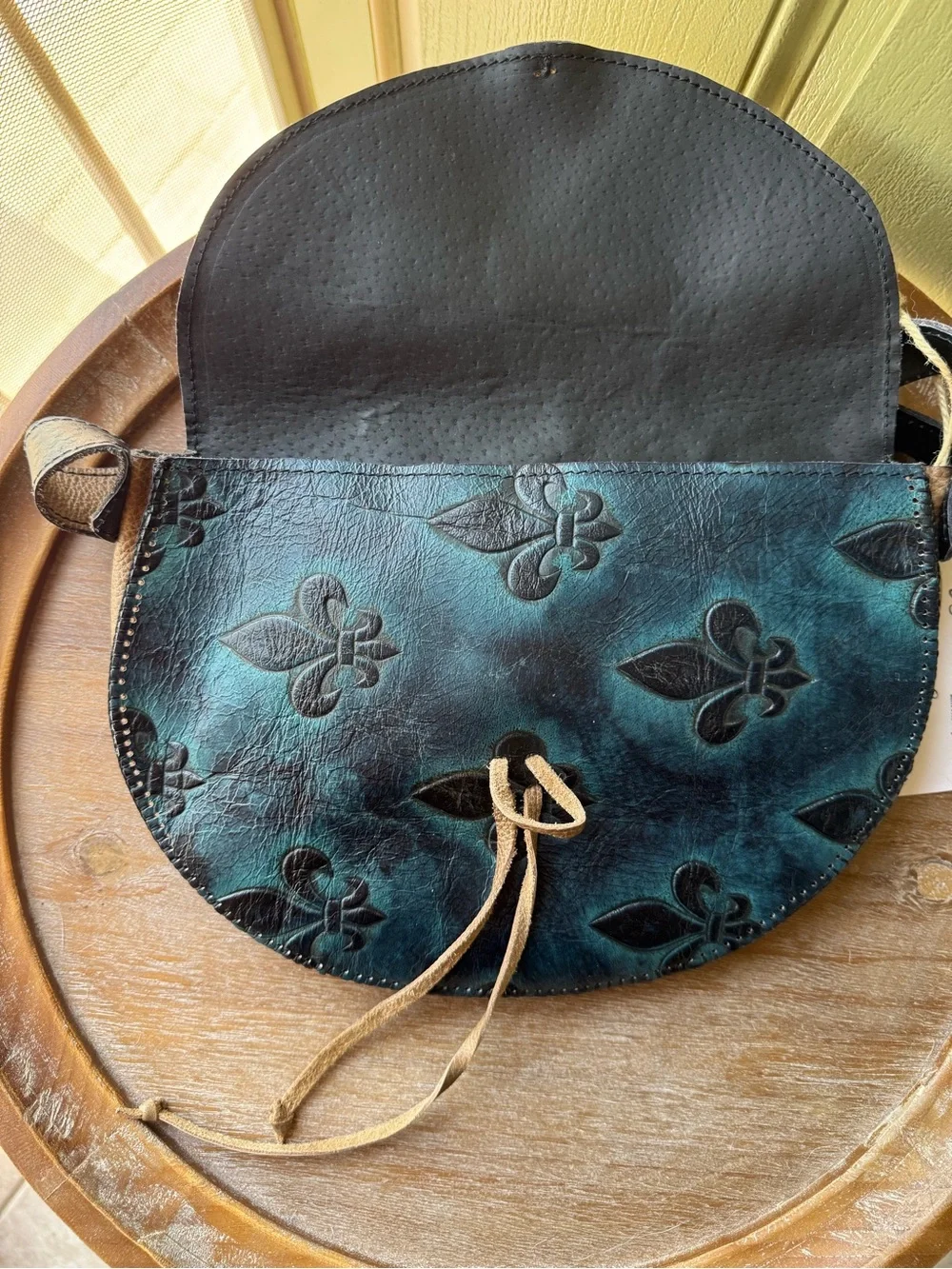 Two-Tone Teal and Tan Floral Leather Crossbody Bag